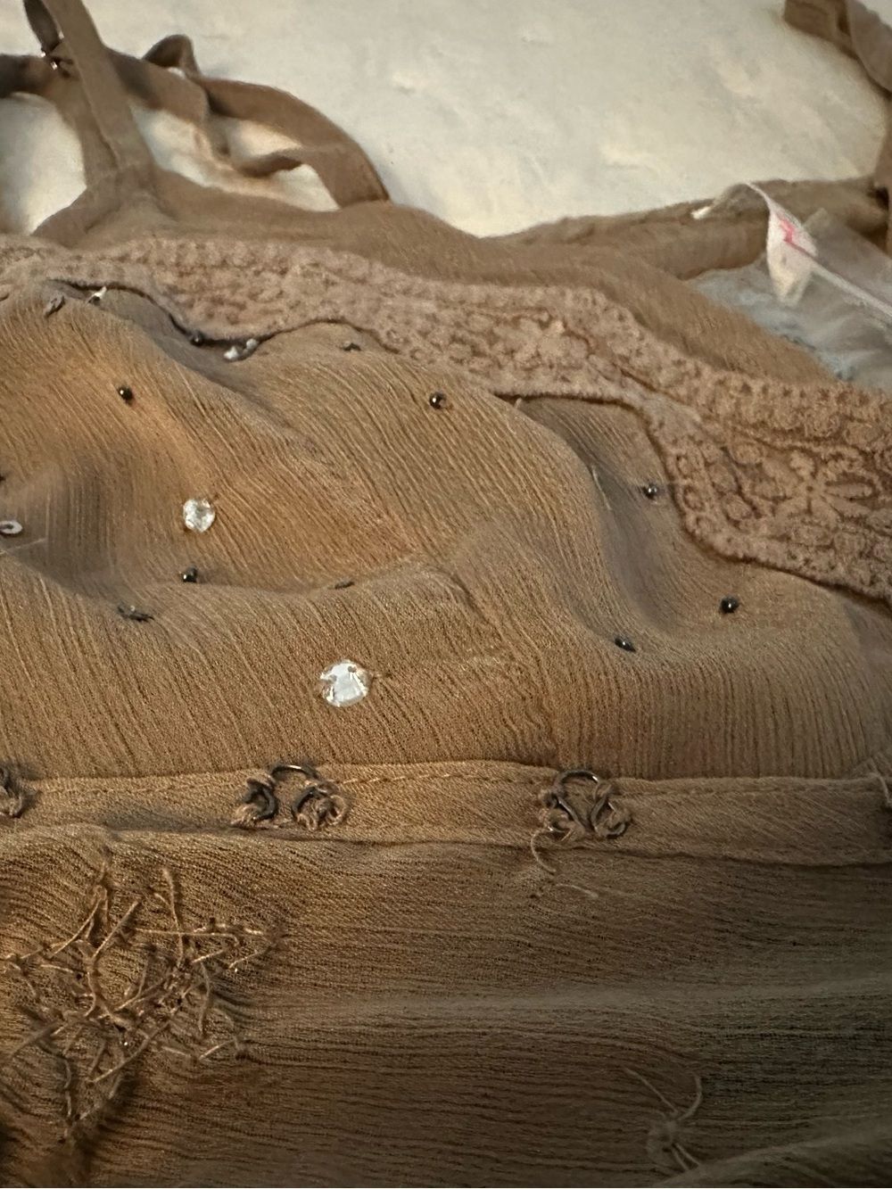 Free People Intimately Beaded Sequin Cami Taupe Lace Trim XL NWT - Picture 9 of 10